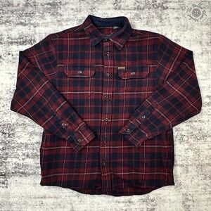 Orvis Flannel Shirt Men's Medium Red Navy Plaid Fleece Lined Collar Heavyweight